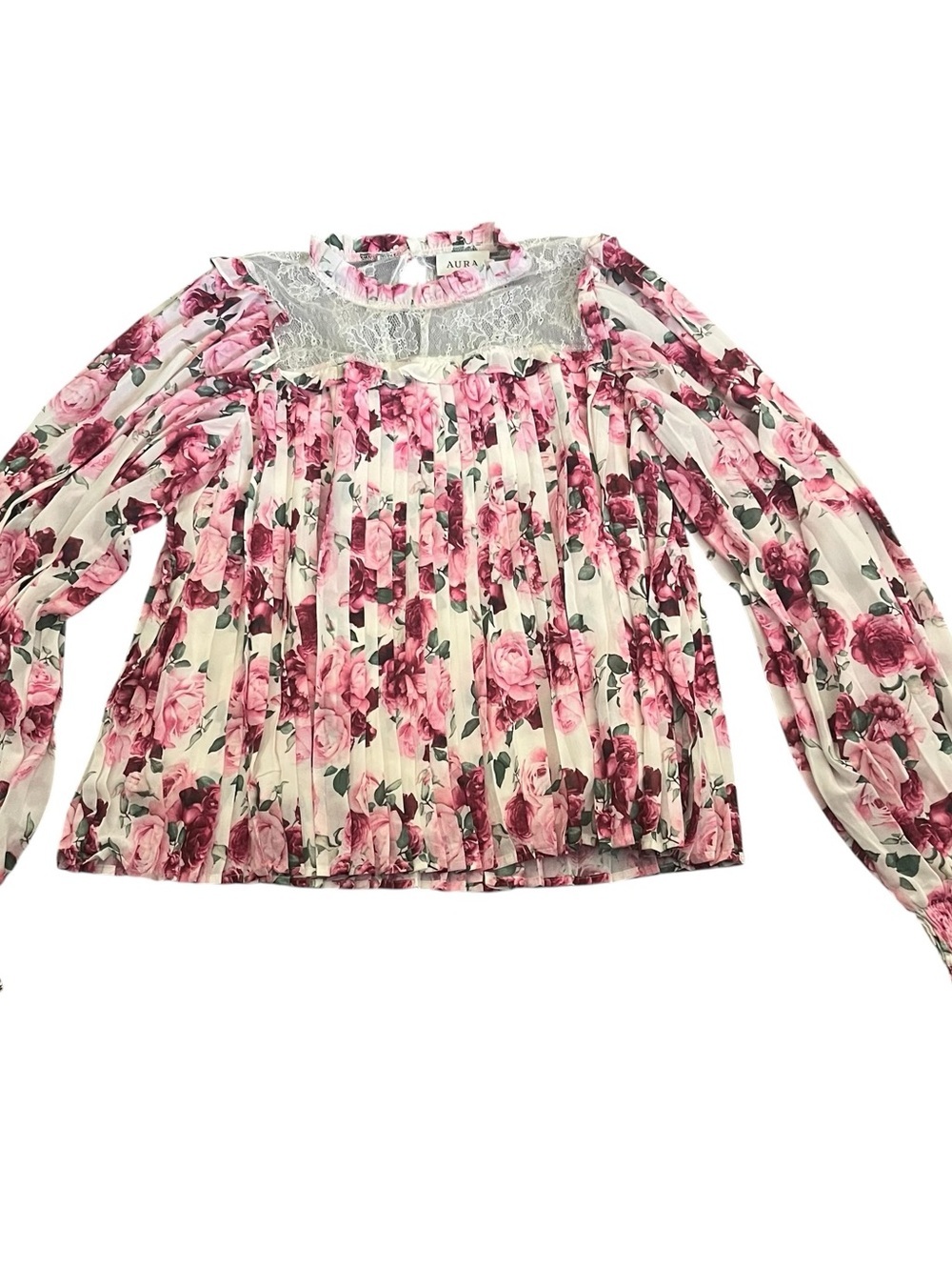 Aura Encourage Her Ivory Multi Floral Print Top Lace Yoke Ruffle Trim Pink M - Picture 2 of 7